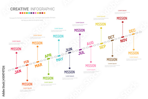 Timeline business for 12 months, 1 year, Timeline infographics design vector and Presentation business can be used for Business concept with 12 options, steps or processes. 