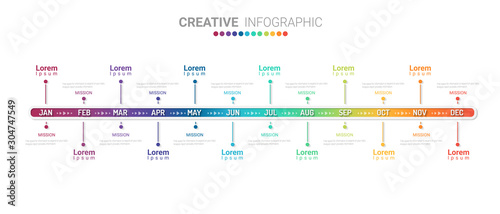 Timeline business for 12 months, 1 year, Timeline infographics design vector and Presentation business can be used for Business concept with 12 options, steps or processes. 