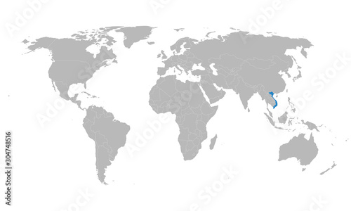 Vietnam highlighted blue on world map vector