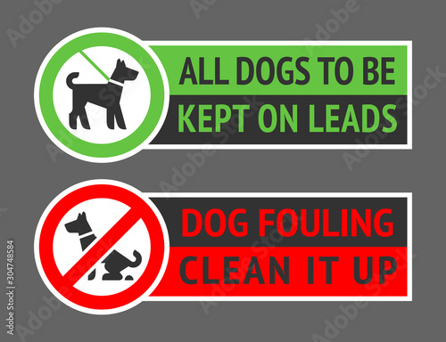 No dog fouling, or dogs kept on a lead labels, new vector illustration