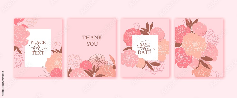 Hand darwn pink blush peonies. Botanical vector illustartion. Peony line art composition for card, invitation. Wedding romantic design