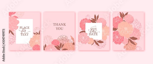 Hand darwn pink blush peonies. Botanical vector illustartion. Peony line art composition for card, invitation. Wedding romantic design photo