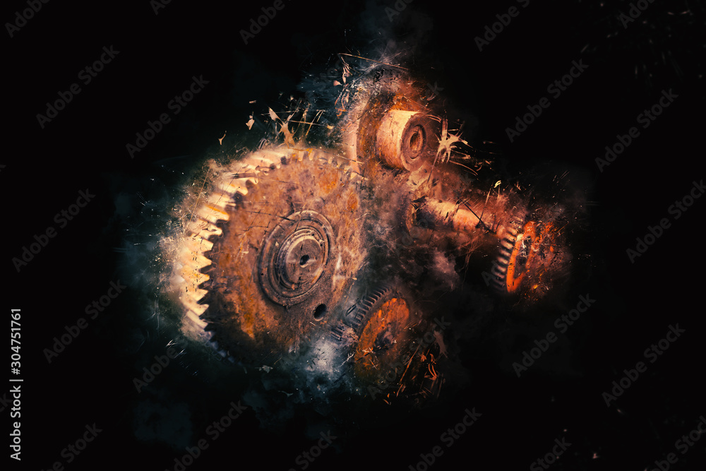 Rusty gears isolated on black background Concept of heavy mechanical industry - obrazy, fototapety, plakaty 