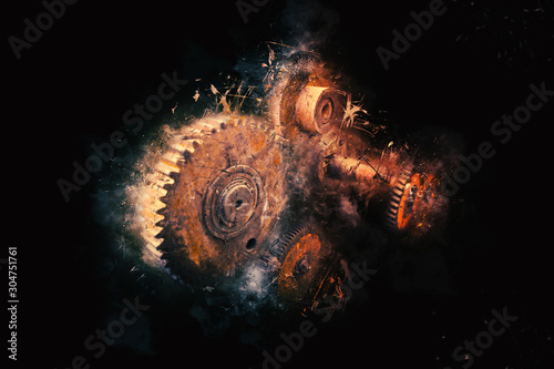 Rusty gears isolated on black background Concept of heavy mechanical industry
