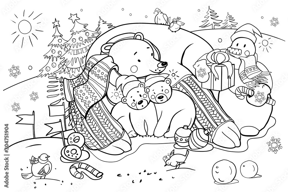 Polar bear in a scarf and cubs in New Year's hats, a snowman with gifts and cute birds, sparrows, coloring book for children for the New Year and Christmas, raster copy Polar bear in a scarf and cubs in New Year's hats, a snowman with gifts and cute birds, sparrows, coloring book for children for the New Year and Christmas, raster copy