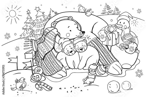 Polar bear in a scarf and cubs in Christmas hats  a snowman with gifts and cute birds  sparrows  coloring book for children for the New Year and Christmas  vector illustration
