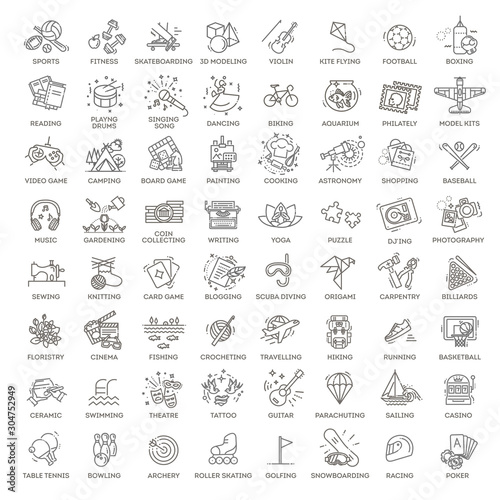 Hobbies and interest detailed line icons set in modern line icon style for ui, ux, web, app design photo