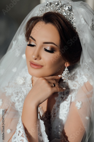 Bride wedding morning. Fashion bride gorgeous beauty, bride woman in robe. Bride touches earrings. Portrait wedding makeup and hairstyle, girl with veil and jewelry at home.