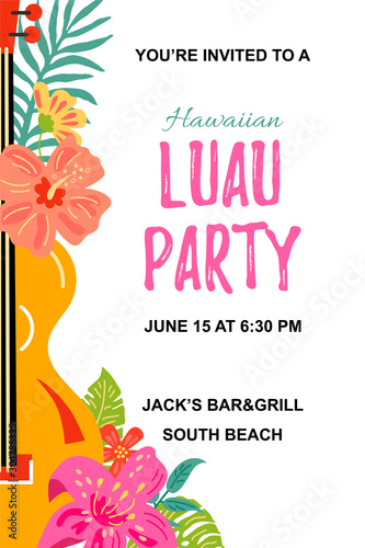 Guitar with jungle flowers, exotic leaves. Hawaiian Luau party invitation vector illustration. Hand drawn sketch style. Place for text. Template for vacation, poster, banner, flyer. Flat style design.