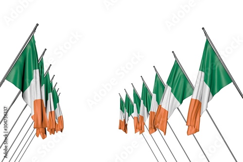 nice holiday flag 3d illustration. - many Ireland flags hanging on in corner poles from left and right sides isolated on white photo