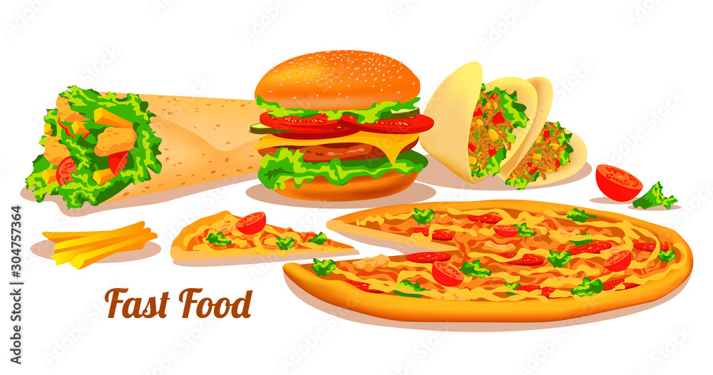Set of fast food. Street cafe, cooking, junk food, restaurant menu concept. Burger, Kebab, Tacos, Pizza and French fries. Vector illustration for banner, poster, website, menu, flyer. Set of fast food. Street cafe, cooking, junk food, restaurant menu concept. Burger, Kebab, Tacos, Pizza and French fries. Vector illustration for banner, poster, website, menu, flyer.