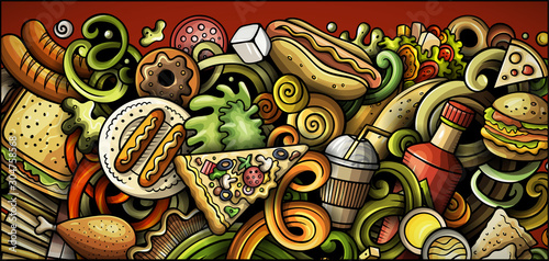 Fastfood hand drawn doodle banner. Cartoon detailed illustrations