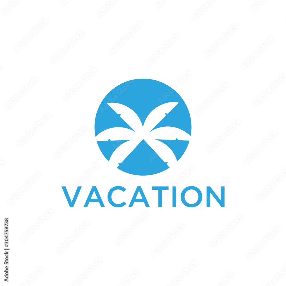 Obraz premium Vacation logo design template. Green palm inn seaside. The concept for travel agency, tropical resort, beach hotel, spa. Summer vacation symbol.