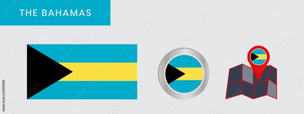 The horizontal Bahamian flag is isolated in official colors, map pins, like the original The horizontal Bahamian flag is isolated in official colors, map pins, like the original