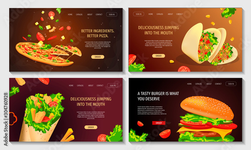 Set of web page design templates for fast food, cooking, cafe and restaurant menu, food ordering, junk food. Pizza, Tacos, Kebab and Burger. Vector illustration perfect for banner, poster, website.