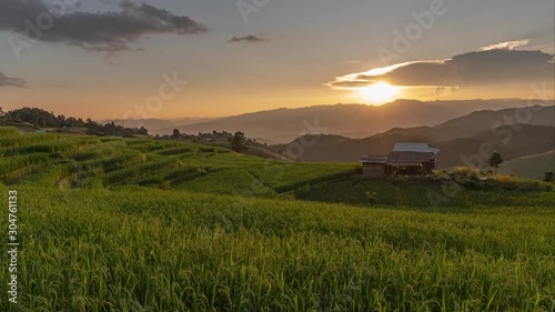 Time lapse of Cloud flying on rice field at Ban Pa Bong Pieng, Mae Chaem on blue sky background  photo