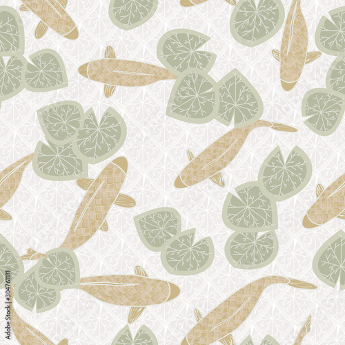 Vector Gold Koi Fish and Lily Leaves on Beige Background Seamless Repeat Pattern. Background for textiles  cards  manufacturing  wallpapers  print  gift wrap and scrapbooking.