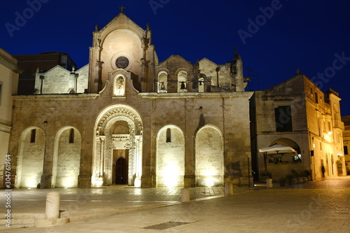 Night photo of the facade of the church of San Giovanni in Matera. Photographed with artificial lights. © MyVideoimage.com