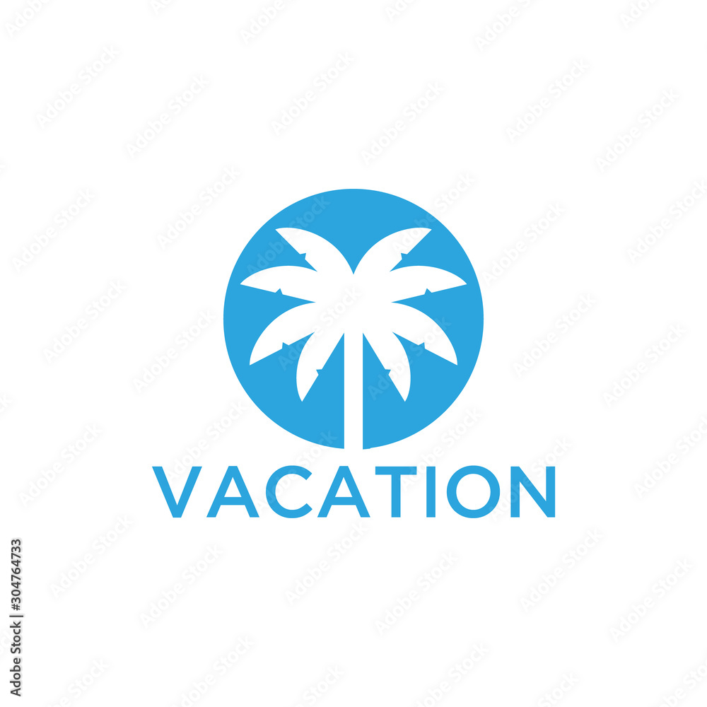 Vacation logo design template. Green palm inn seaside. The concept for travel agency, tropical resort, beach hotel, spa. Summer vacation symbol.