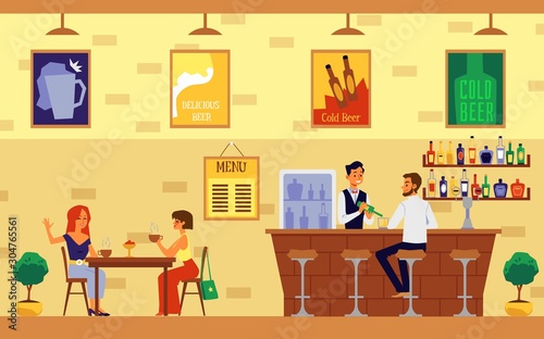 Cafe or restaurant with bar counter and visitors chatting flat vector illustration.