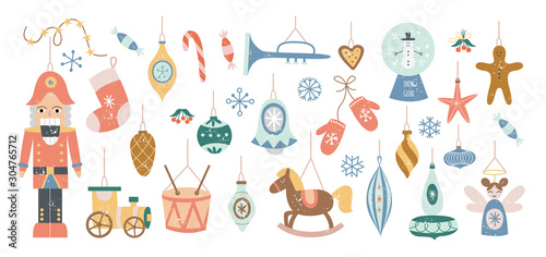 Vintage Christmas toys and gifts set of flat vector illustrations isolated.