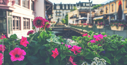 Chamonix Mont Blanc Village, Arve river, France. Famous ski resort in Alps mountains, France. Summer landscape.