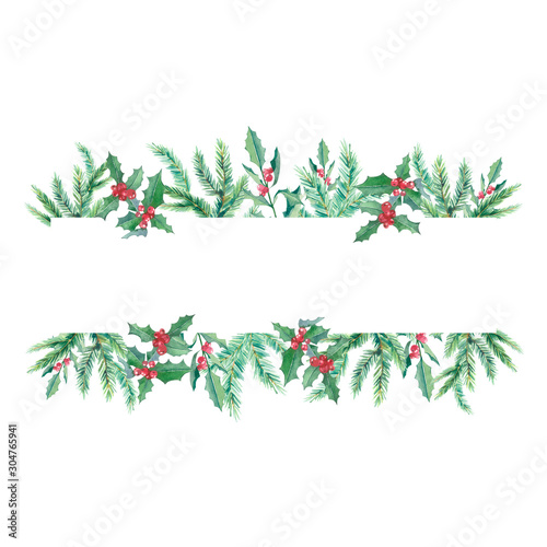 Watercolor Christmas banner with fir branches and red berries. Design happy New Year illustration for greeting cards, invitations templates and party card.