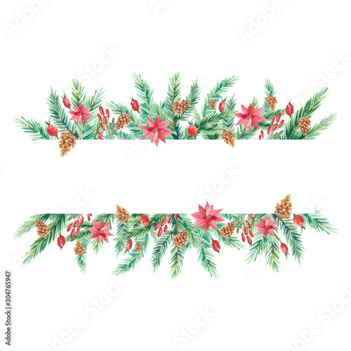 Watercolor Christmas banner with fir branches and flowers. Design happy New Year illustration for greeting cards, frames, invitations templates and party card.