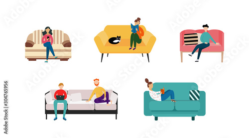 Diverse people sitting on sofa or couch flat vector illustrations set isolated.