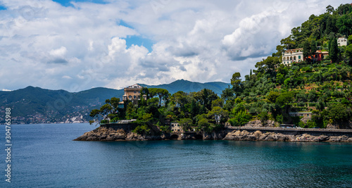 Famous luxury villas of Santa Margareta Luguria, stunning botanical garden decorated with mediterranean flowers. Italy, Europe.