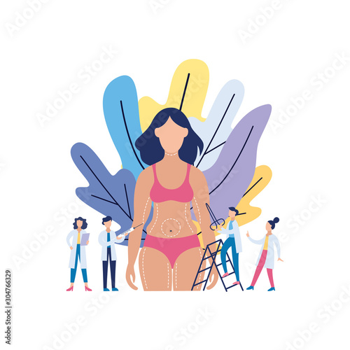 Cartoon woman before liposuction procedure surrounded by surgeon team
