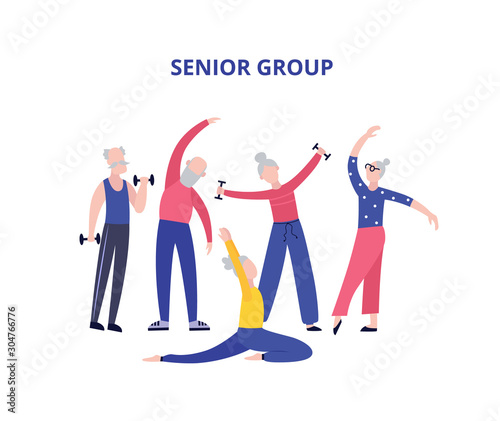 Old people doing exercises. Grandparents. Sport. Vector isolated illustration. Cartoon character.