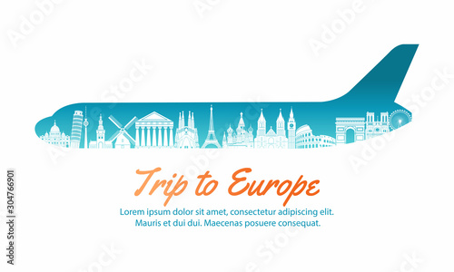 europe landmark inside with plane shape,concept art silhouette style,vector illustration,green blue gradient,vector illustration
