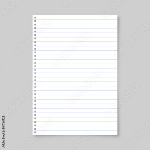 Realistic blank lined paper sheet with shadow in A4 format isolated on gray background. Notebook or book page. Design template or mockup. Vector illustration.