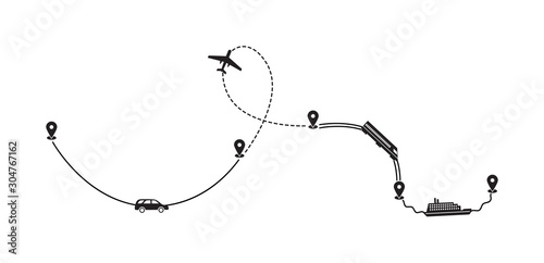 Route track with aircraft, water and land transport vector illustration isolated.