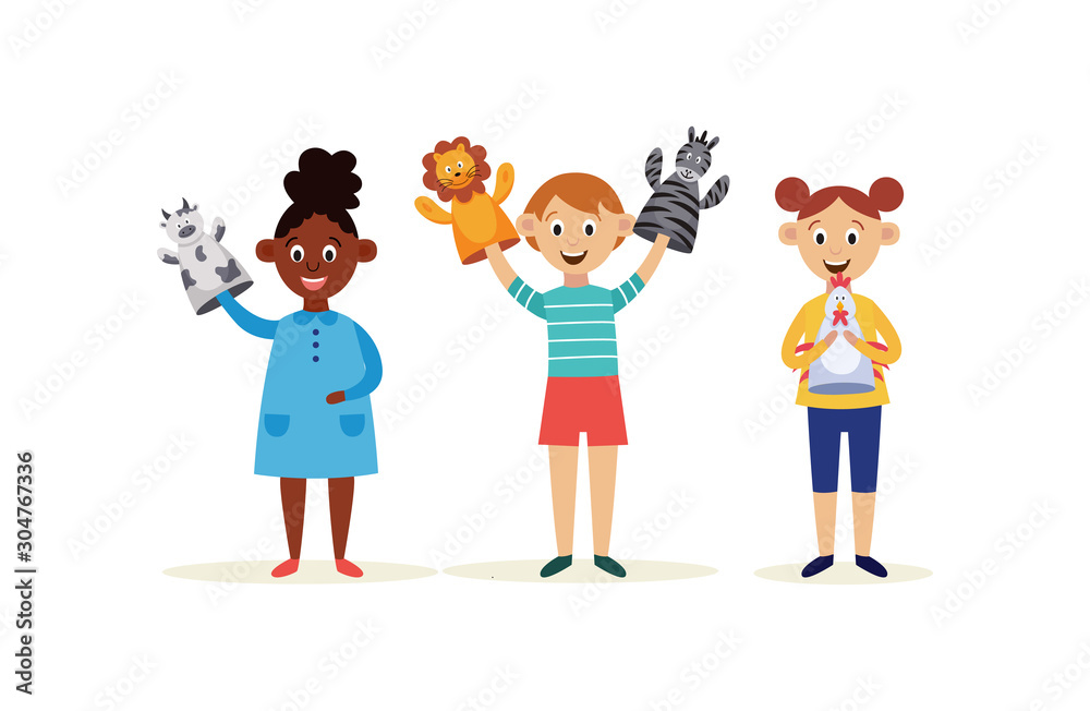 Children with hands puppets cartoon characters flat vector illustration isolated.