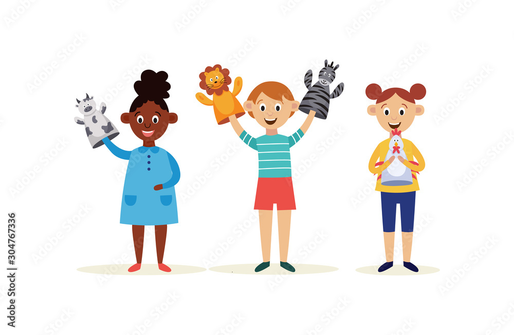 Children with hands puppets cartoon characters flat vector illustration isolated. Children with hands puppets cartoon characters flat vector illustration isolated.