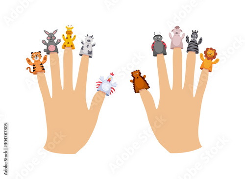 Cute cartoon finger puppet animals collection on two hands