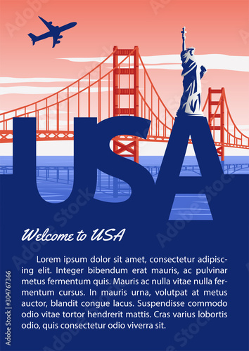 usa brochure in typography national flag color design,statue of liberty and golden gate bridge,advertising artwork,vector illustration