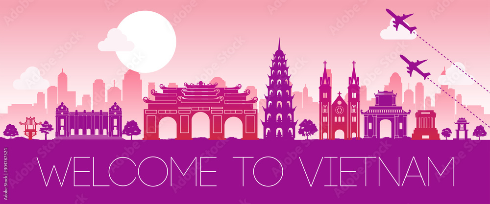 vietnam famous landmark pink silhouette design,vector illustration