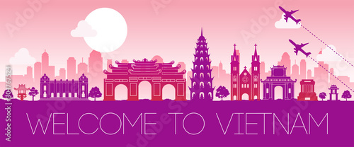 vietnam famous landmark pink silhouette design vector illustration