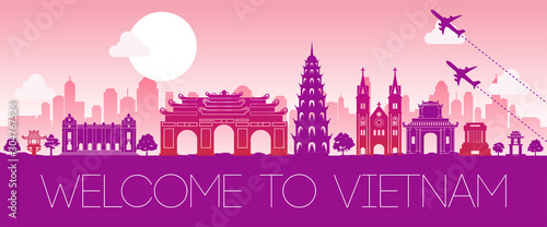 vietnam famous landmark pink silhouette design,vector illustration