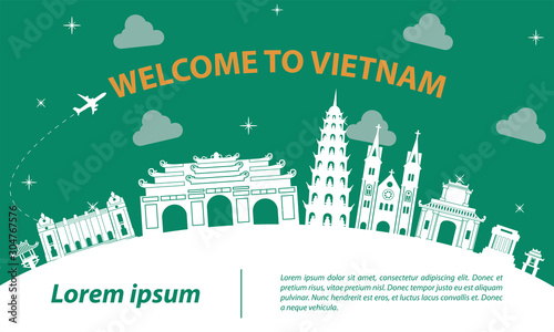 famous landmark of vietnam,travel destination,silhouette design with white  and dark blue color,vector illustration