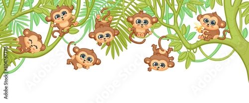Cute cartoon baby monkeys hanging on jungle tree branches