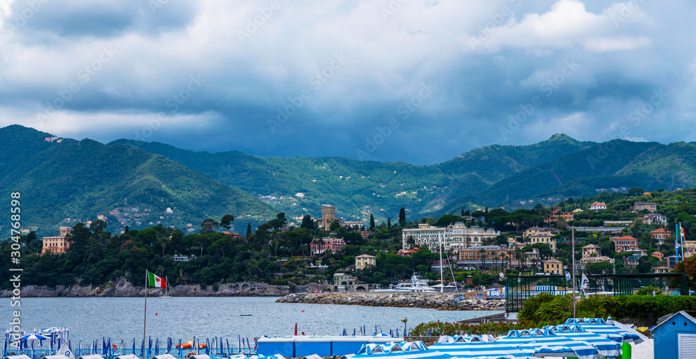 Beautiful natural view of the Bay of Paraggi in Santa Margherita Ligure, Mediterranean sea coast near luxury sea resort Portofino, Italy.