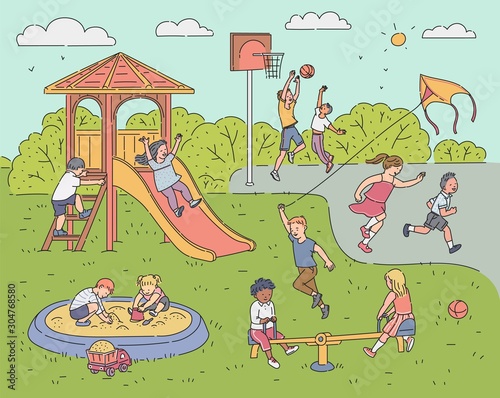 Childrens playing activity on playground sketch cartoon vector illustration.