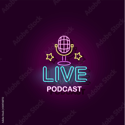 Live podcast banner with microphone vector illustration with neon effect isolated.