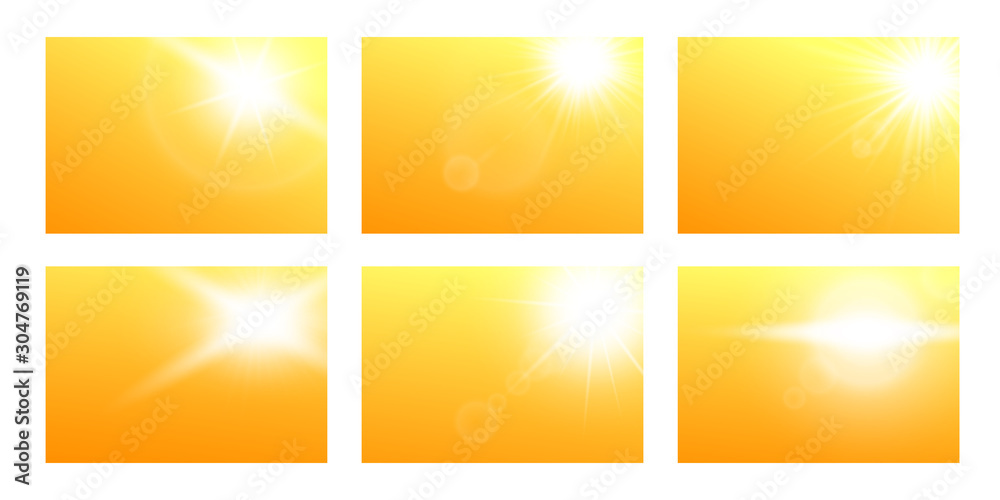 Sun rays light realistic vector illustrations banners set on yellow background.
