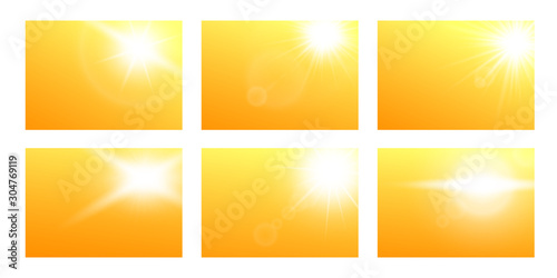 Sun rays light realistic vector illustrations banners set on yellow background. © sabelskaya