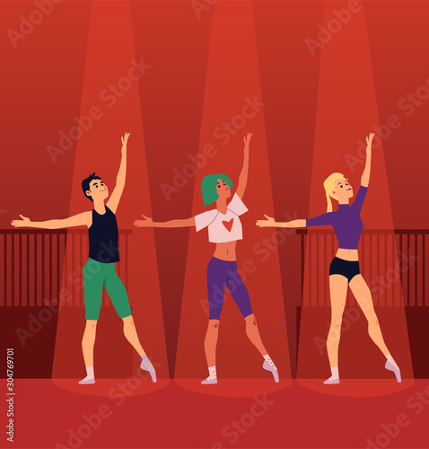 Cartoon people at ballet rehearsal practicing elegant dance move.